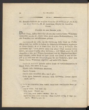 III. Botanische Geschichte der weissen Canelle (Canella Alba) von Olaf Swartz, M. D. auswärtigen Mitglied der Linneischen Societät