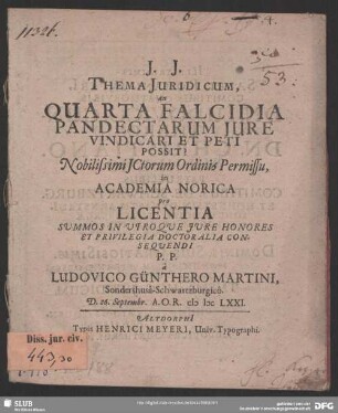 Thema Juridicum, an Quarta Falcidia Pandectarum Jure Vindicari Et Peti Possit?