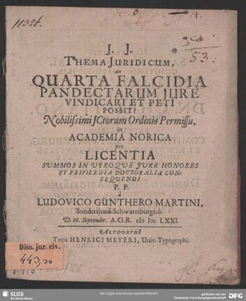 Thema Juridicum, an Quarta Falcidia Pandectarum Jure Vindicari Et Peti Possit?