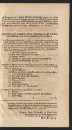 Erzehlung derer verübten Kirchen-Raubereyen und gewaltsamen Einbrüche, auch anderer beschlossenen Diebs-Anschläge