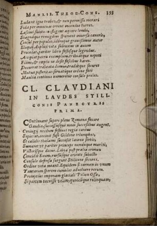 Cl. Claudiani In Laudes Stiliconis Panegyris Prima