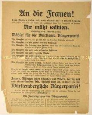 Programmatischer Aufruf der Frauengruppe der Württembergischen Bürgerpartei an die Frauen zur Wahrnehmung ihres Wahlrechts
