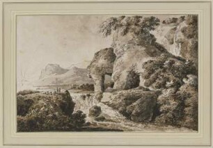 Landschaft mit Wasserfall und Felsentor