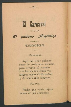 El carnaval y El paisano argentino : Canción