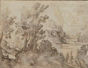 Landschaft mit Flusstal und Wassermühle