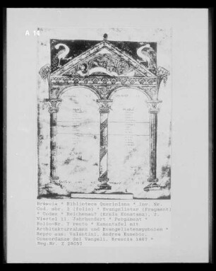 Evangelistar — Kanontafel mit Architekturrahmen und Evangelistensymbolen, Folio 7 recto