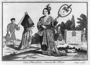 Eine Fürnheme sinesische Frau : Weigel, Johann Christoph (nach 1654-1726). Aus: Inventions chinoises XIV, Blatt 8. Kupferstich, koloriert, 15,0 x 20,7 cm. Dresden: Kupferstich-Kabinett in Band 1156,2 (XIV)