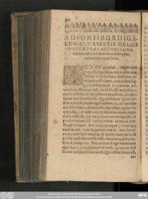 Ausonii Burdigalensis, Vassatis Melici Poetae Praeceptoris, Gratiarum actio ad Gratianum imperatorem pro consulatu.