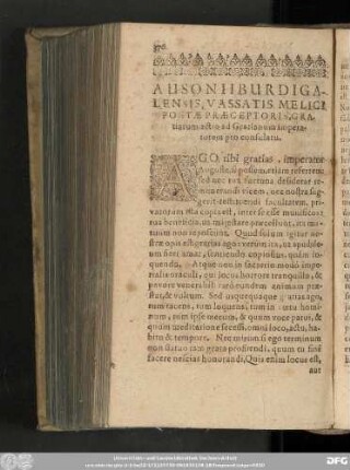 Ausonii Burdigalensis, Vassatis Melici Poetae Praeceptoris, Gratiarum actio ad Gratianum imperatorem pro consulatu.