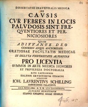 Dissertatio Inavgvralis Medica De Cavsis Cvr Febres In Locis Palvdosis Sint Freqventiores Et Perniciosiores