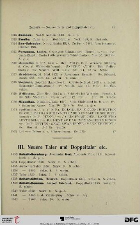 III. Neuere Taler und Doppeltaler etc. (Nr. 1533-1822)