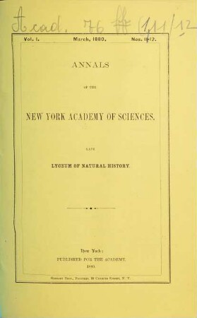 Annals of the New York Academy of Sciences. 1. 1879/80, Nr. 11/12