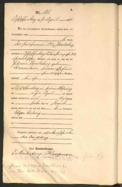 Standesamtsbuch der Stadt Aschaffenburg: Geburten 365/1900 - 184/1901