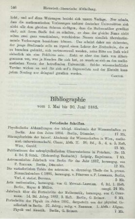 Bibliographie vom 1. Mai bis 30. Juni 1885.