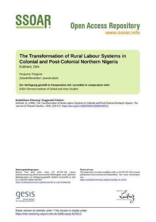 The Transformation of Rural Labour Systems in Colonial and Post-Colonial Northern Nigeria