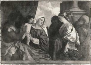 Gemälde "Maria mit dem Kind und vier Heiligen" (1516/1520; T. Vecellio; Pappelholz; 138 x 191 cm; Staatliche Kunstsammlungen Dresden (SKD))