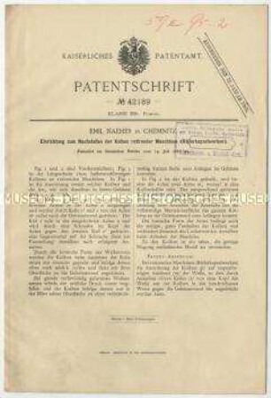 Patentschrift einer Einrichtung zum Nachstellen der Kolben rotierender Maschinen, Patent-Nr. 42189