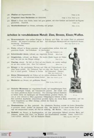 Arbeiten in verschiedenem Metall: Zinn, Bronze, Eisen; Waffen (Nr. 324-369)