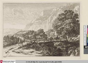 [Le pont de bois; Landscape of the Environs of Rome; Männer mit Eseln überqueren eine kleine Brücke über einem Wasserfall]