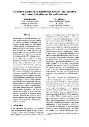 Automatic Classification by Topic Domain for Meta Data Generation, Web Corpus Evaluation, and Corpus Comparison