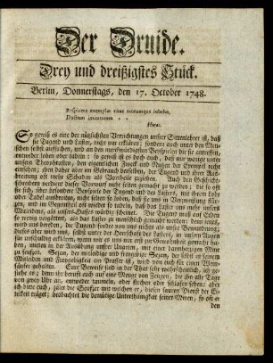 Drey und dreißigstes Stück. Berlin, Donnerstags, den 17. October 1748