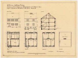 Siedlungsplan der Heimstättengesellschaft Primus Wittenau, Berlin-Reinickendorf: Wohnhaus: Vorderansicht, Rückansicht, Schnitt, 4 Grundrisse von Kellergeschoss, Erdgeschoss, Obergeschoss, Dachgeschoss 1:100