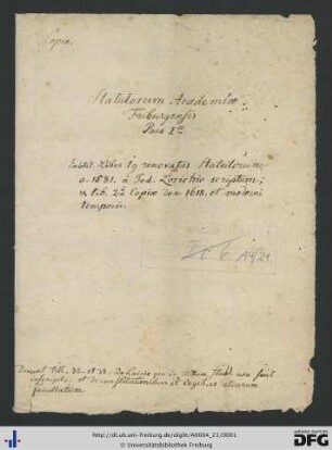 Statutorum academiae friburgensis pars prima. Statutenbuch der Universität Freiburg Teil 1.