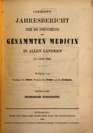 Canstatt's Jahresbericht über die Fortschritte der gesammten Medicin in allen Ländern. 1861,1/3 = N.S. 11