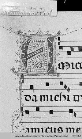 Buchseite mit Text, Neumen und Fleuronné-Initiale A - Corale