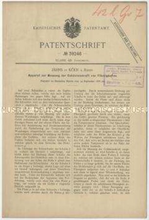 Patentschrift eines Apparates zur Messung der Kohäsionskraft von Flüssigkeiten, Patent-Nr. 39246