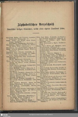 Einwohnerverzeichnis : Alphabetisches Verzeichniß sämmtlicher hiesigen Einwohner, welche einen eigenen Hausstand haben