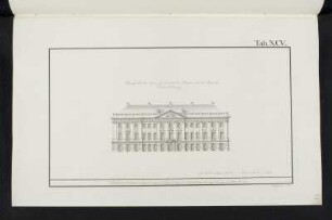 Kommandantenhaus, idealtypischer Entwurf, Hautpfassade Aufriss : Kommandantenhaus, idealtypischer Entwurf, Aufriss der Hauptfassade, Johann Christian Götzschel, 1794. Feder, Pinsel in Wasserfarbe/Papier. 41,6 x 26,1 cm. Bez.: "Haupt-Ansicht eines Commendanten Hauses mit der Dorischen Säulen Ordnung.", "Tab. XCV." und "Goetzschel. 1794." Maßstab mit Maßeinheit "Dr. Ellen" (100 Dresdner Ellen=14,9 cm).