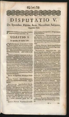 Disputatio V. De Speciebus, Habitu, Actu, Necessitate, Subjecto, Oppositis Fidei.