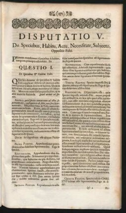 Disputatio V. De Speciebus, Habitu, Actu, Necessitate, Subjecto, Oppositis Fidei.
