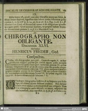 De Chirographo Non Obligante, Discursus XLVI. Defendens Henricus Freder, Ged.