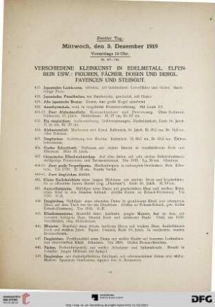 Verschiedene Kleinkunst in Edelmetall, Elfenbein usw.: Figuren, Fächer, Dosen und dergl., Fayencen und Steingut (Nr. 427-704)