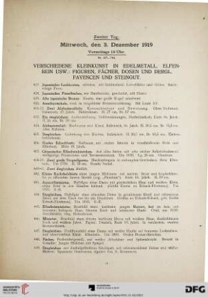 Verschiedene Kleinkunst in Edelmetall, Elfenbein usw.: Figuren, Fächer, Dosen und dergl., Fayencen und Steingut (Nr. 427-704)
