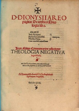 D. Dionysii Areopagitae De mystica Theologia lib. I. : Graece