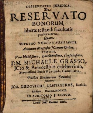 Diss. iur. de reservato bonorum, liberae testandi facultatis praeservativo
