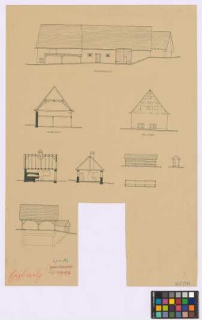 Eybach (Landkreis Göppingen): Obere Roggenmühle. - Back- und Waschhaus (Querschnitt, Längsschnitt). - Scheuer und Stall (Seiten-Ansicht, Querschnitt, Giebel-Ansicht). - Bienenhaus (Seiten-Ansicht, Grundriss, Querschnitt). - Keller mit Übergebäude (Seiten-Ansicht, Längsschnitt)
