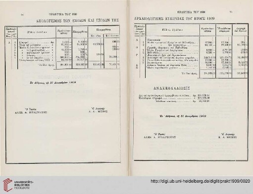 Apologismos tōn Esodōn kai Exodōn tēs Archaiologikēs Etaireias tou etous 1909