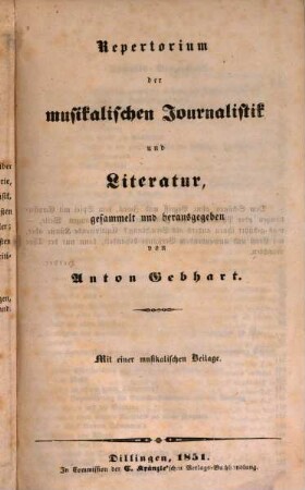 Repertorium der musikalischen Journalistik und Literatur. 1,1, 1, 1 - 4. 1850