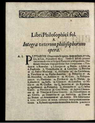 Libri Philosophici fol. A. - Libri Historici folio. W.