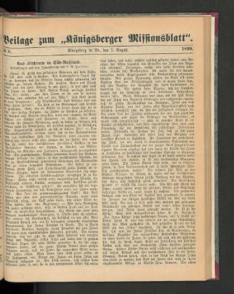 Beilage zum "Königsberger Missionsblatt". No 8. 1899.