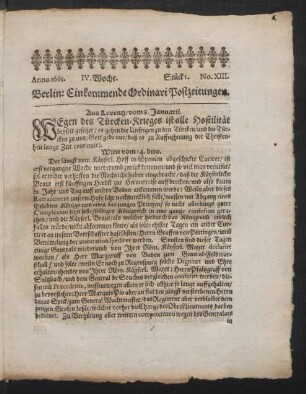 Anno 1665. IV. Woche. Stück 1. No. XIII.