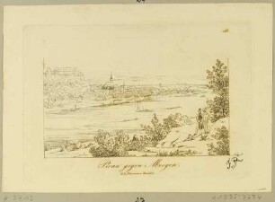 Stadtansicht von Pirna mit dem Sonnenstein und der Marienkirche von Posta im Nordosten über die Elbe
