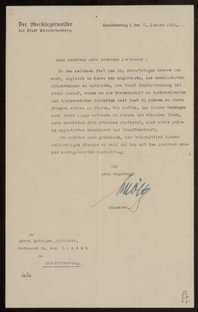 77: Brief von Arthur Scholtz (Stadt Charlottenburg) an Otto von Gierke, Berlin-Charlottenburg, 7.1.1921