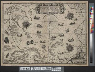 Deliniatio cartae trium navigationum : per Batavos, ad Septentrionalem plagam, Norvegiae, Moscoviae, et novae Semblae, et perque fretum Weygatis Nassovicum dictum, ac juxta Groenlandiam, sub altitudine 80. graduum nec non adiacentium partium Tartariae, promontorij Tabin, freti Anian atque regionis Bargi et partis Americae versus orientem = Beschrÿvinghe vande drie seÿlagien