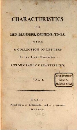Characteristics of men, manners, opinions, times. 1 (1790)