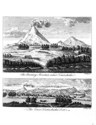 The burning mountain named Kamtschatka. - The lower Kamtschatka fort